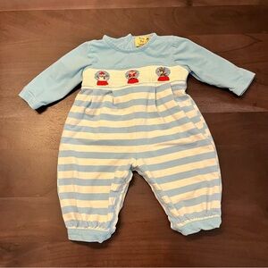 Busy Bee Smocks! Christmas Smocked Snowglobe Santa Stripe Jon Jon Romper 6 Month